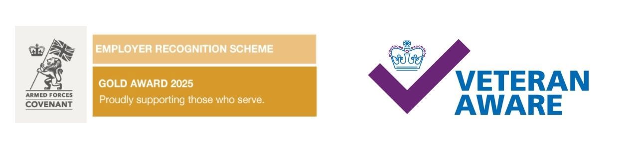 Two accreditation logos: Gold Award 2025 Employer recognition scheme, and Veteran Aware.